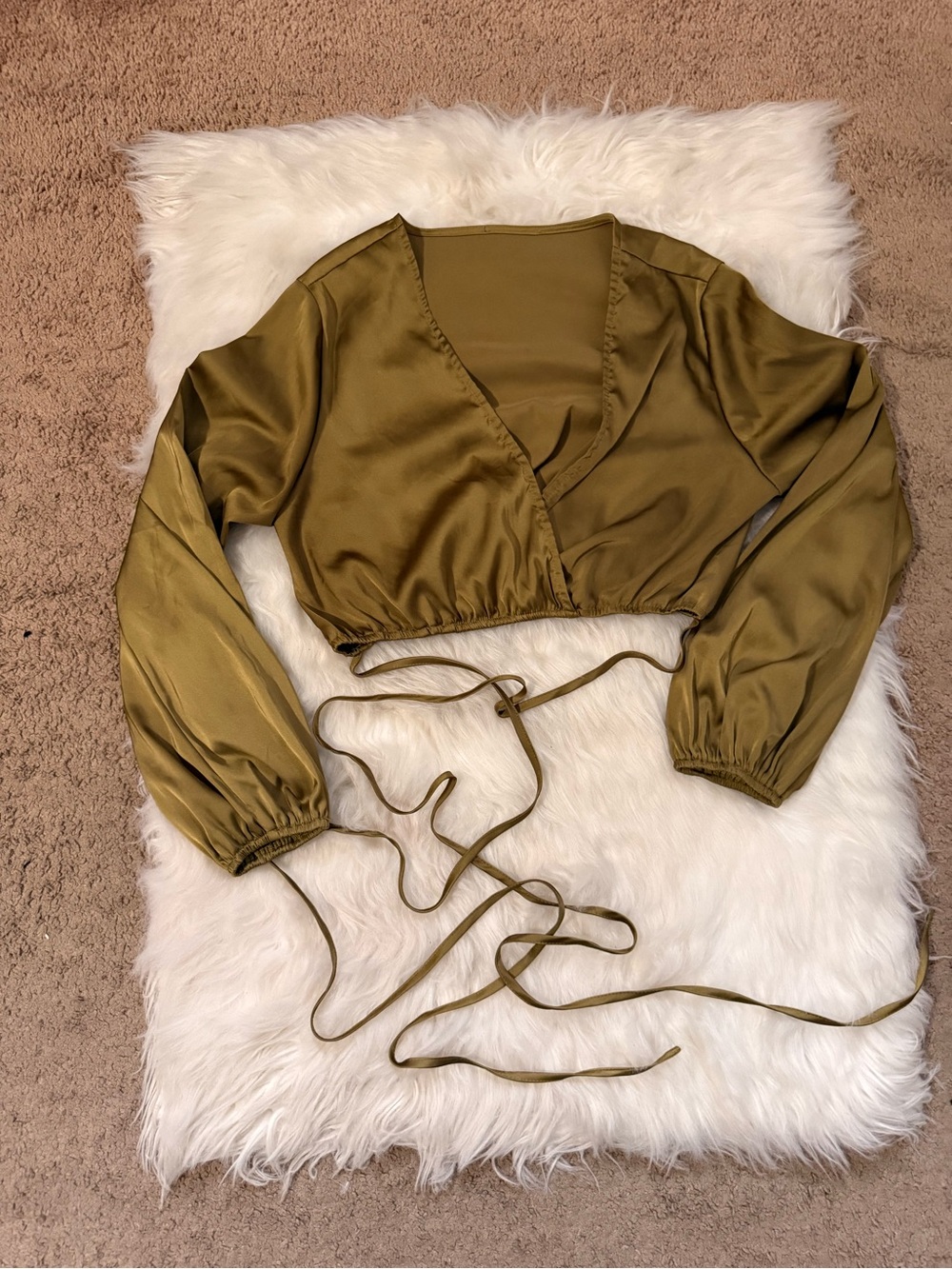 Satin Olive Wrap Crop Top with Long Tie